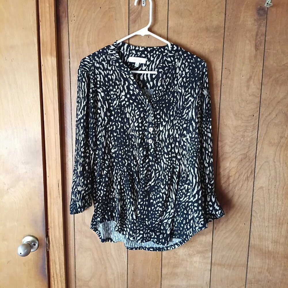 New Directions Black & White Print Long Sleeve Pullover Top Size L